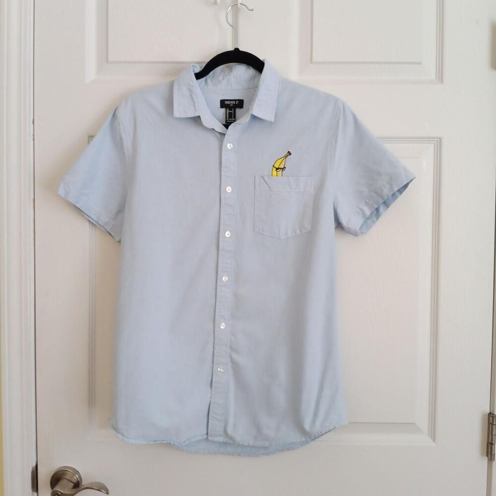 Forever 21 Men Light Blue Banana Pocket Button Up Shirt Small